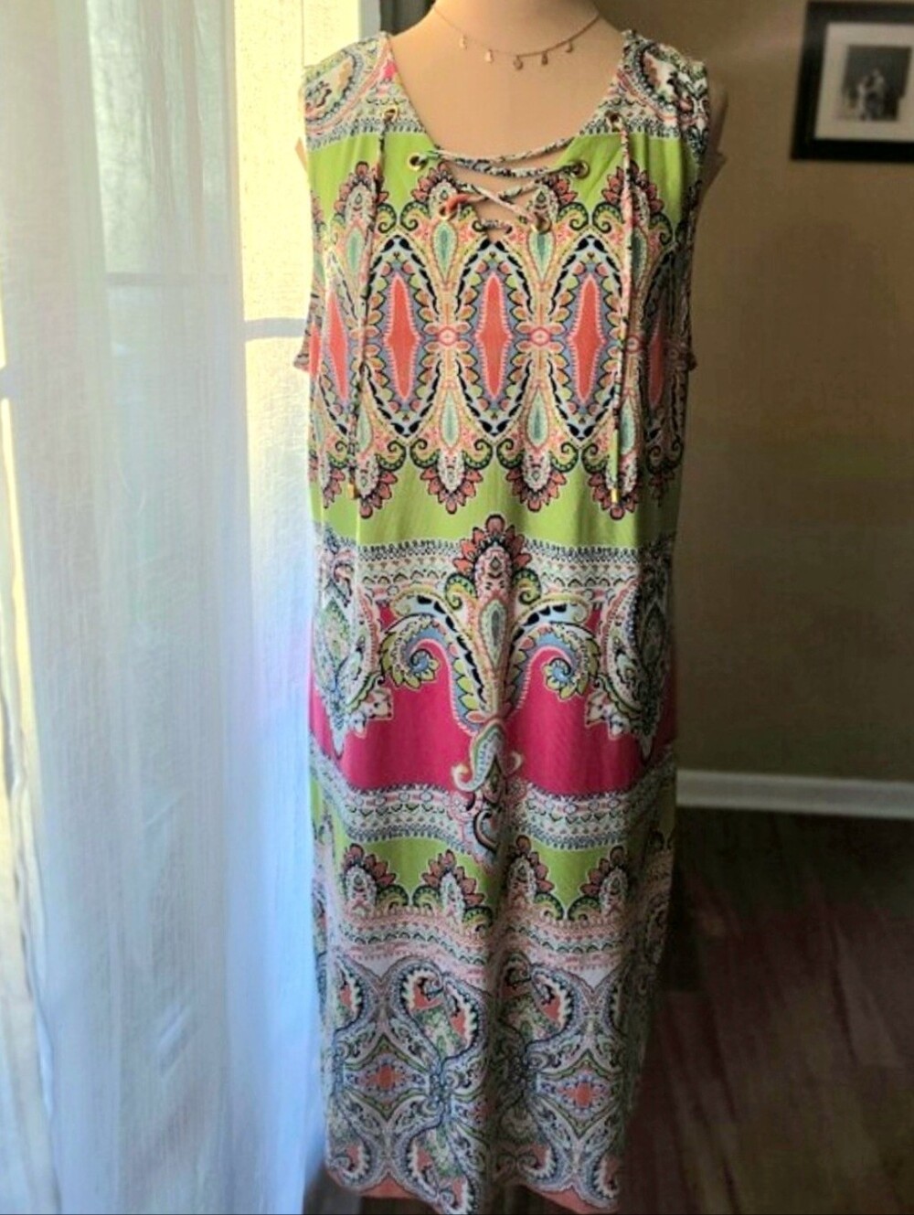 Paisley Lace Up Sleeveless Shift Dress XL Multicolor Vibrant Coastal Ivy Lane